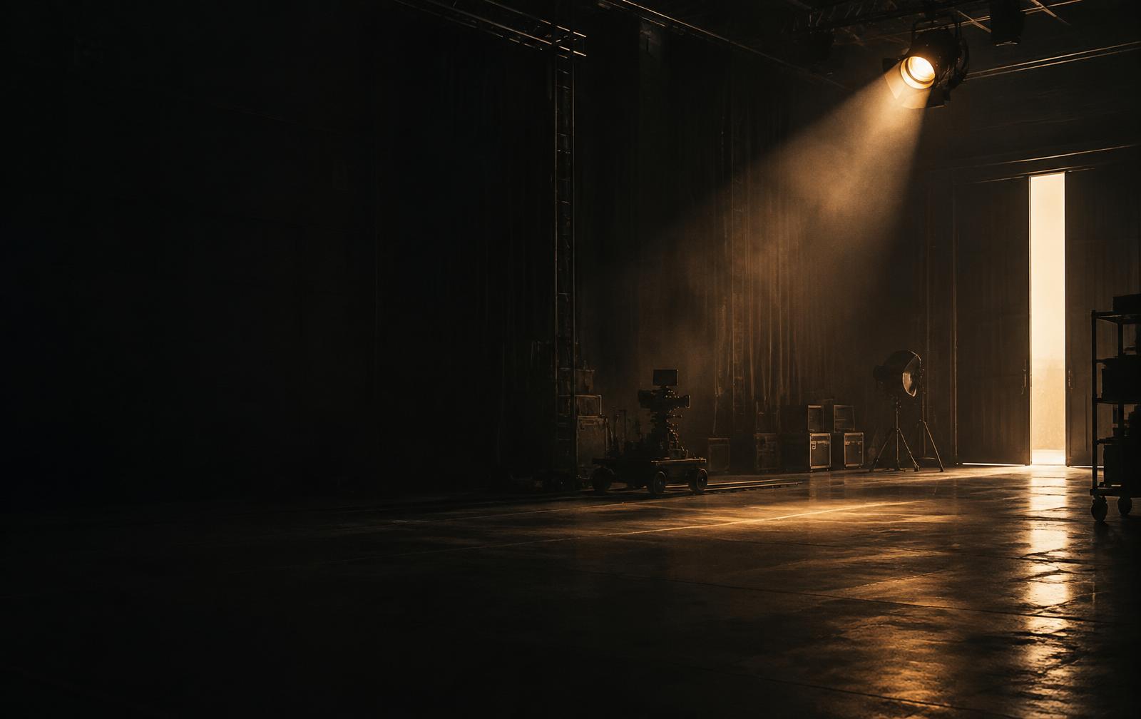 Cinematic production studio illuminated by a warm spotlight