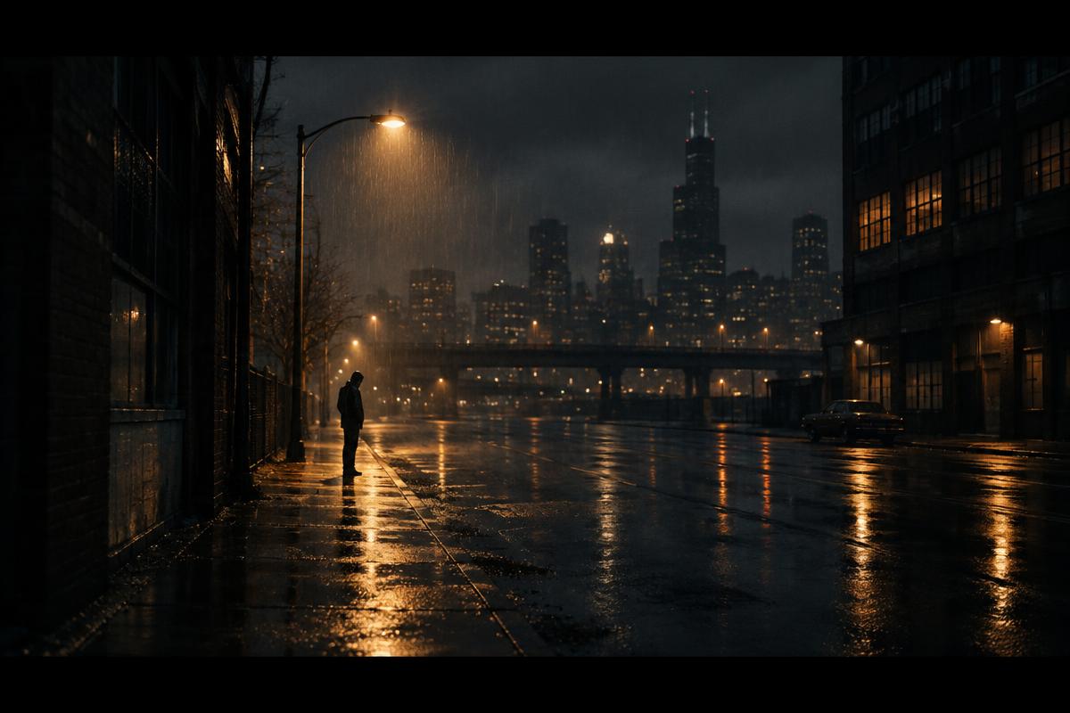 Rain-soaked nighttime city street